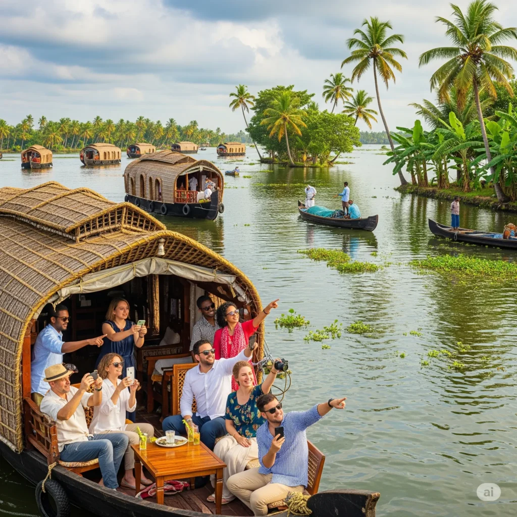 Luxury boathouse cruising in Kerala backwaters surrounded by palm trees