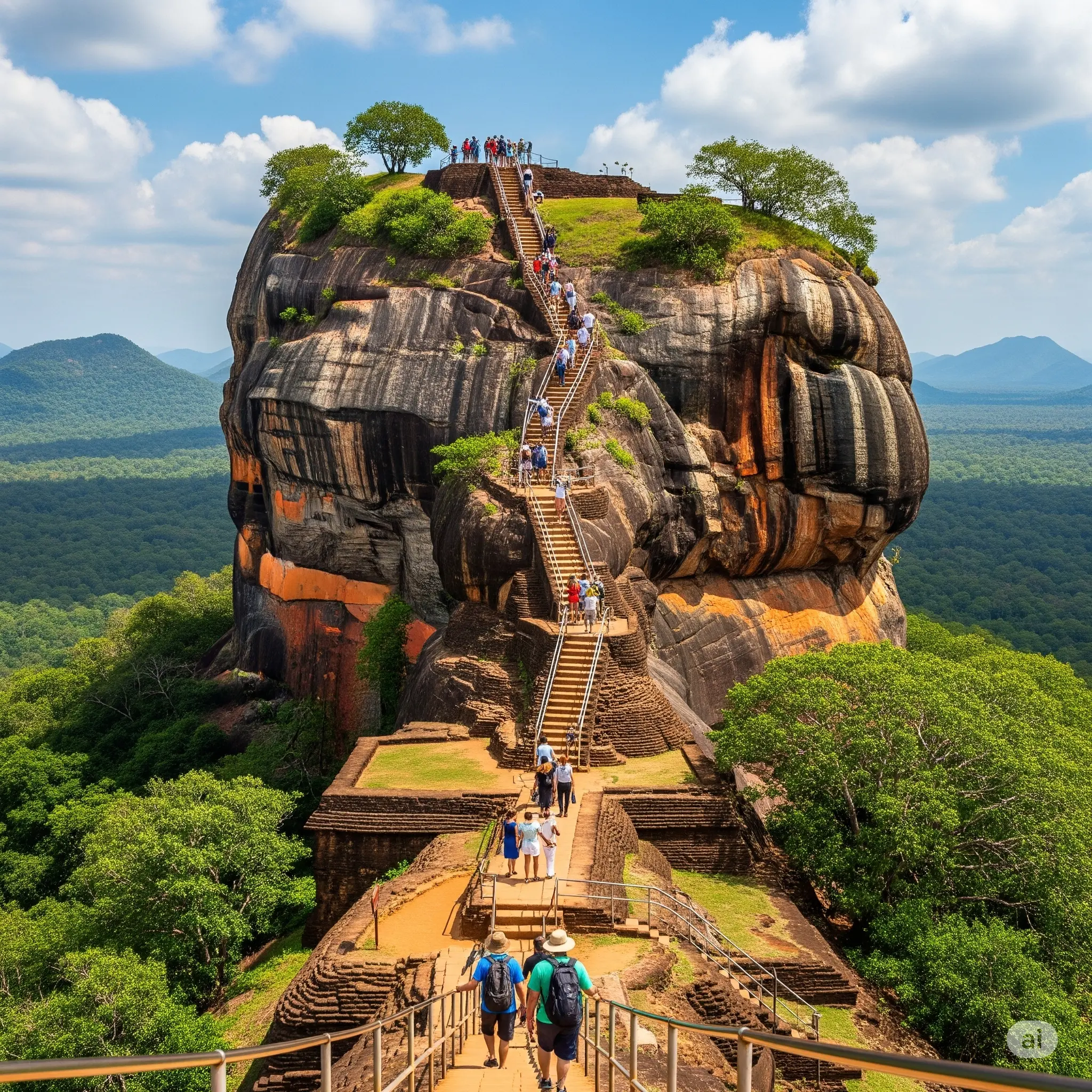 Tourists climbing Sigiriya rock fortress in Sri Lanka