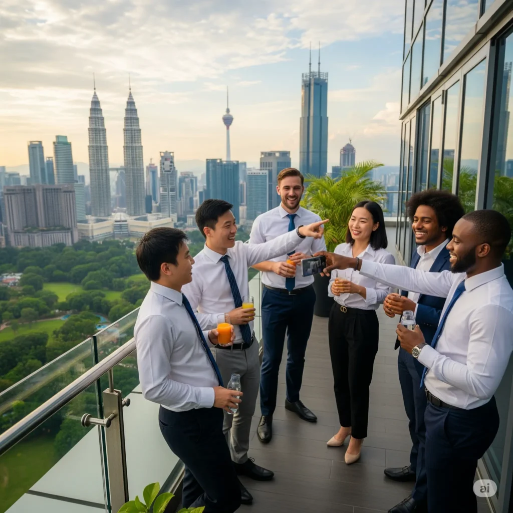 Business team enjoying corporate group travel in Malaysia with city view in background