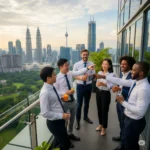 Business team enjoying corporate group travel in Malaysia with city view in background