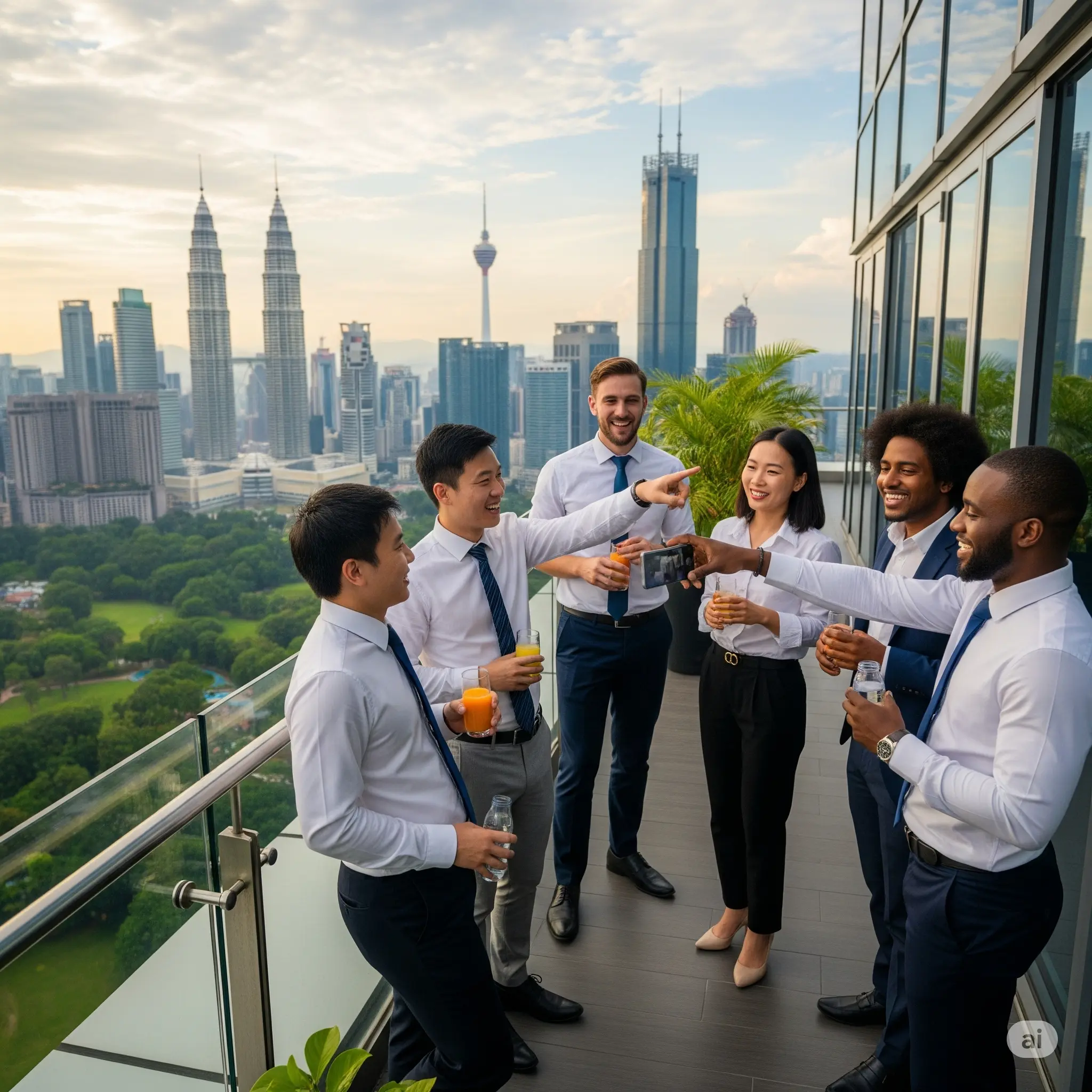 Business team enjoying corporate group travel in Malaysia with city view in background