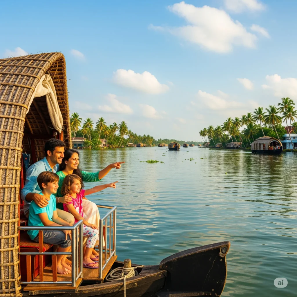 Family enjoying a boat ride in Kerala backwaters