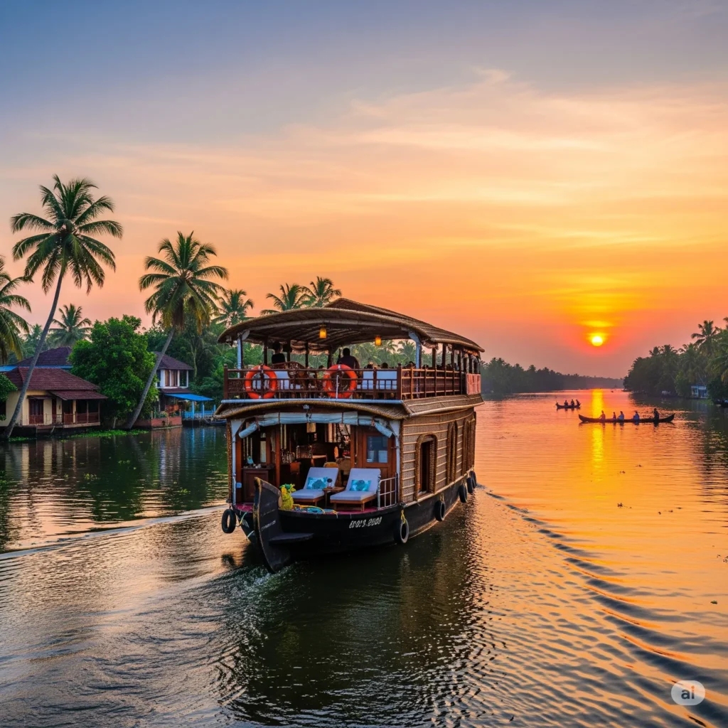 Houseboat cruising through Kerala backwaters at sunset