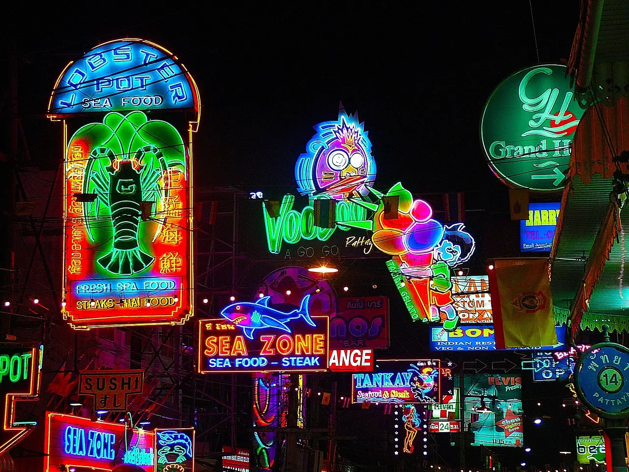 Neon-lit Pattaya Walking Street at night