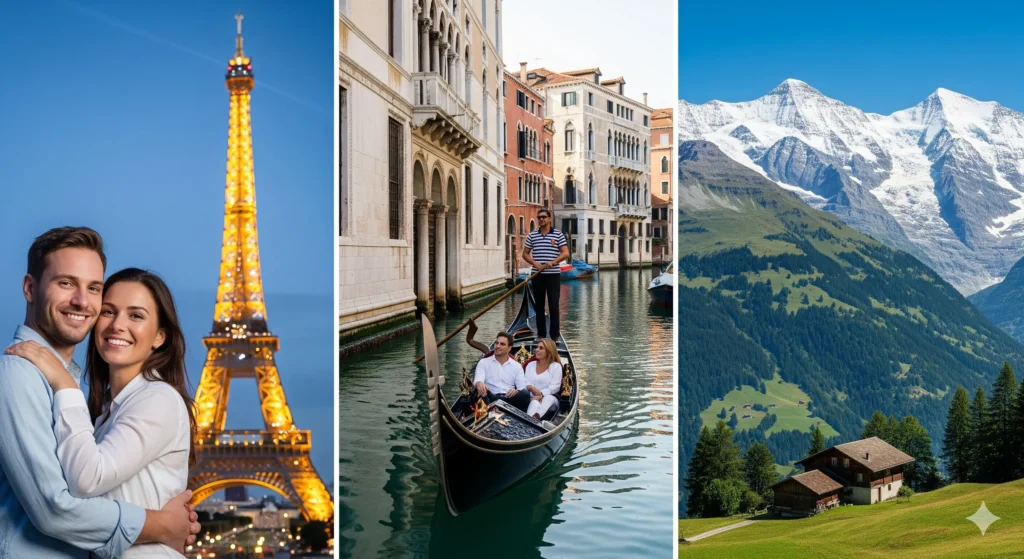 Europe holiday package, Paris Eiffel Tower tour, Venice gondola ride, Switzerland Alps