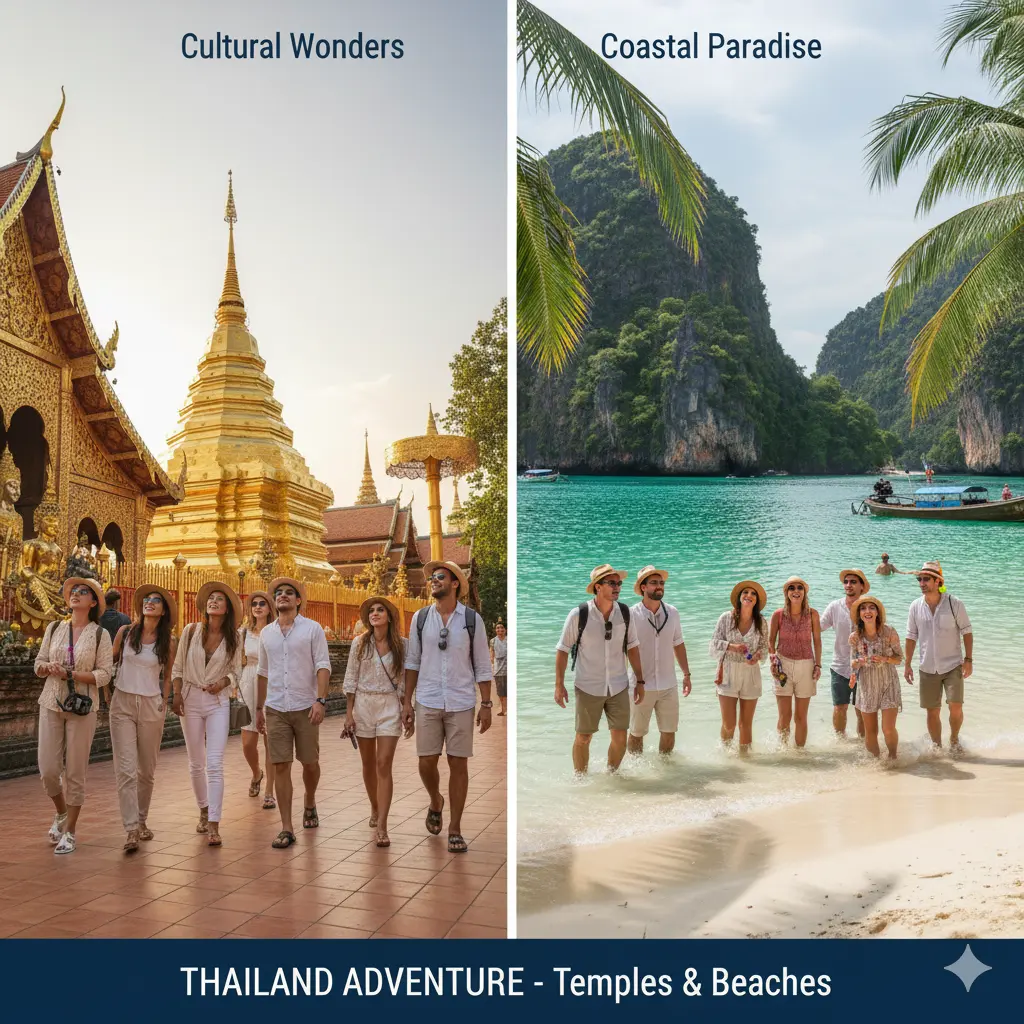 Group enjoying a cultural and beach tour in Thailand