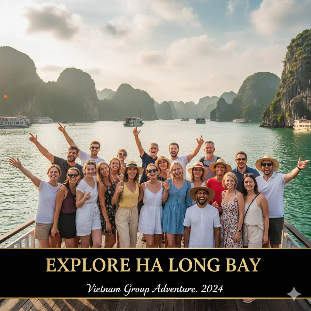 Group travelers exploring Ha Long Bay in Vietnam