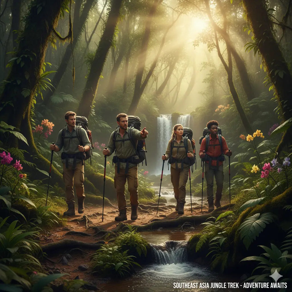 Adventurers trekking in Southeast Asia jungle