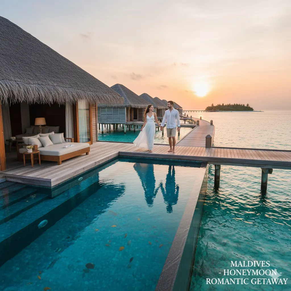 Couple enjoying Maldives honeymoon overwater villa