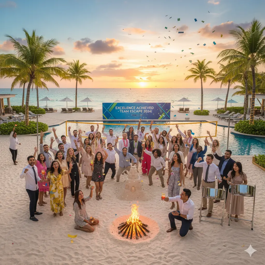 Happy employees enjoying corporate incentive trip at tropical resort