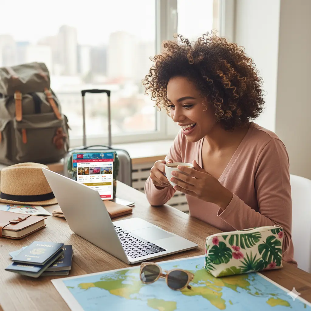 Traveler comparing flight and hotel deals on laptop surrounded by travel accessories