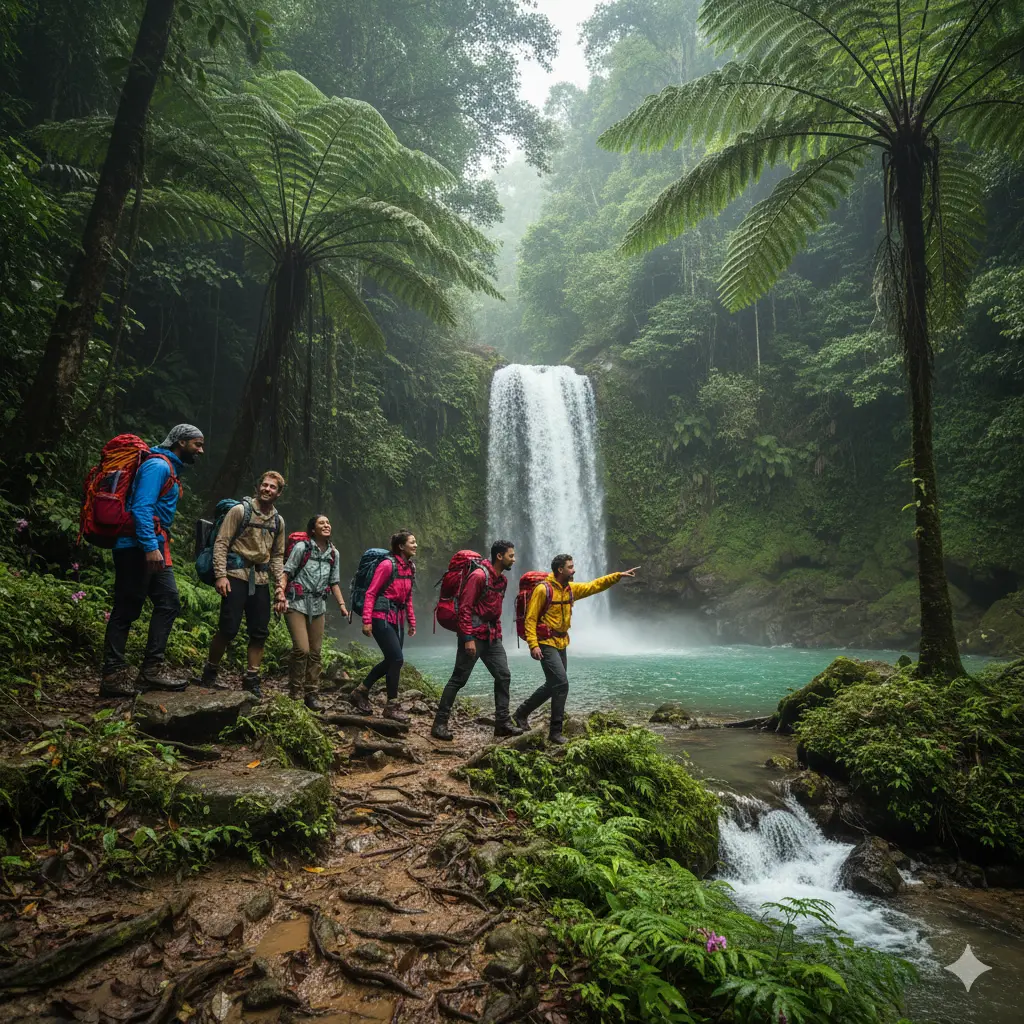 Travelers hiking a jungle trail in Southeast Asia with waterfalls and tropical scenery
