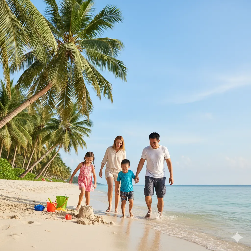 Happy family with kids playing on a tropical Malaysian beach