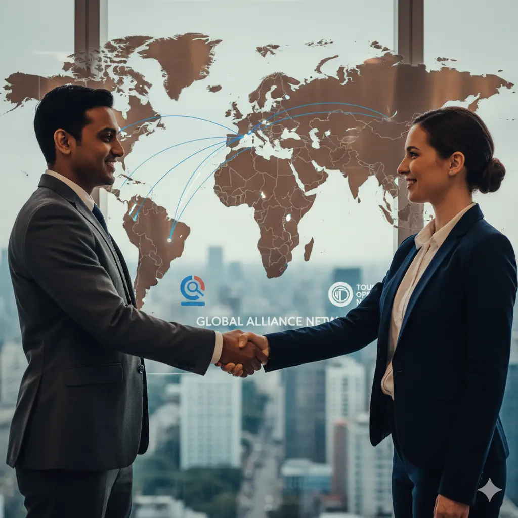 Travel company executives shaking hands in front of a world map