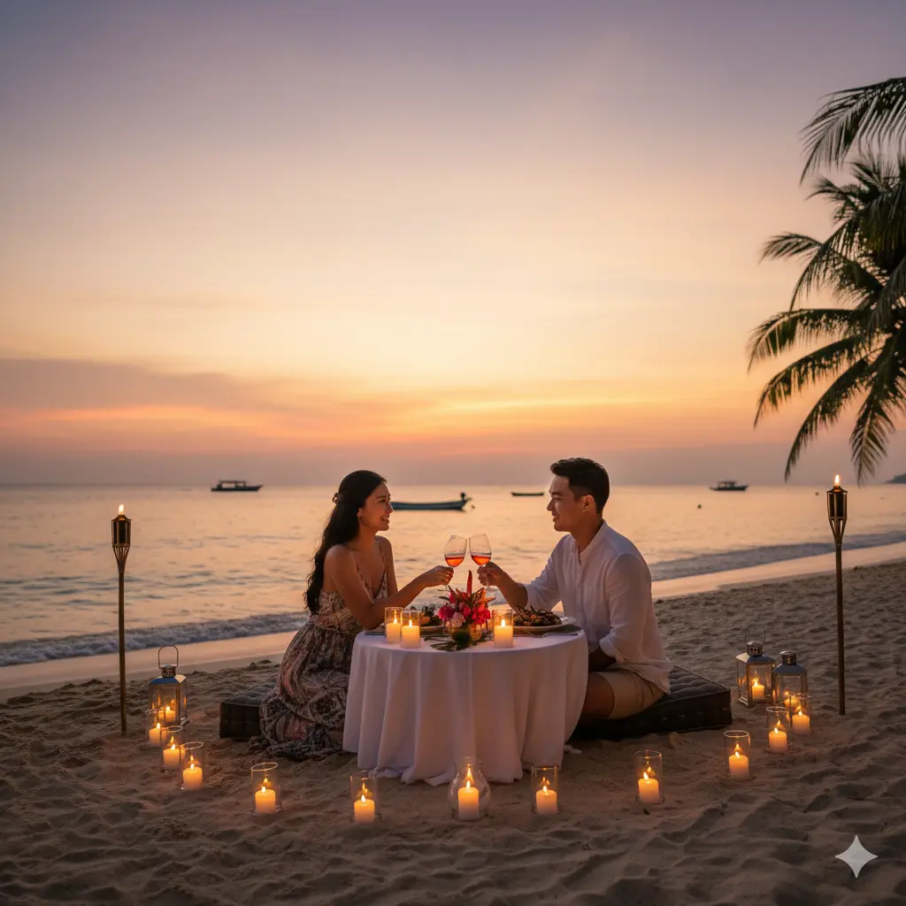 Couple enjoying a romantic beach sunset in Malaysia with candlelight dinner