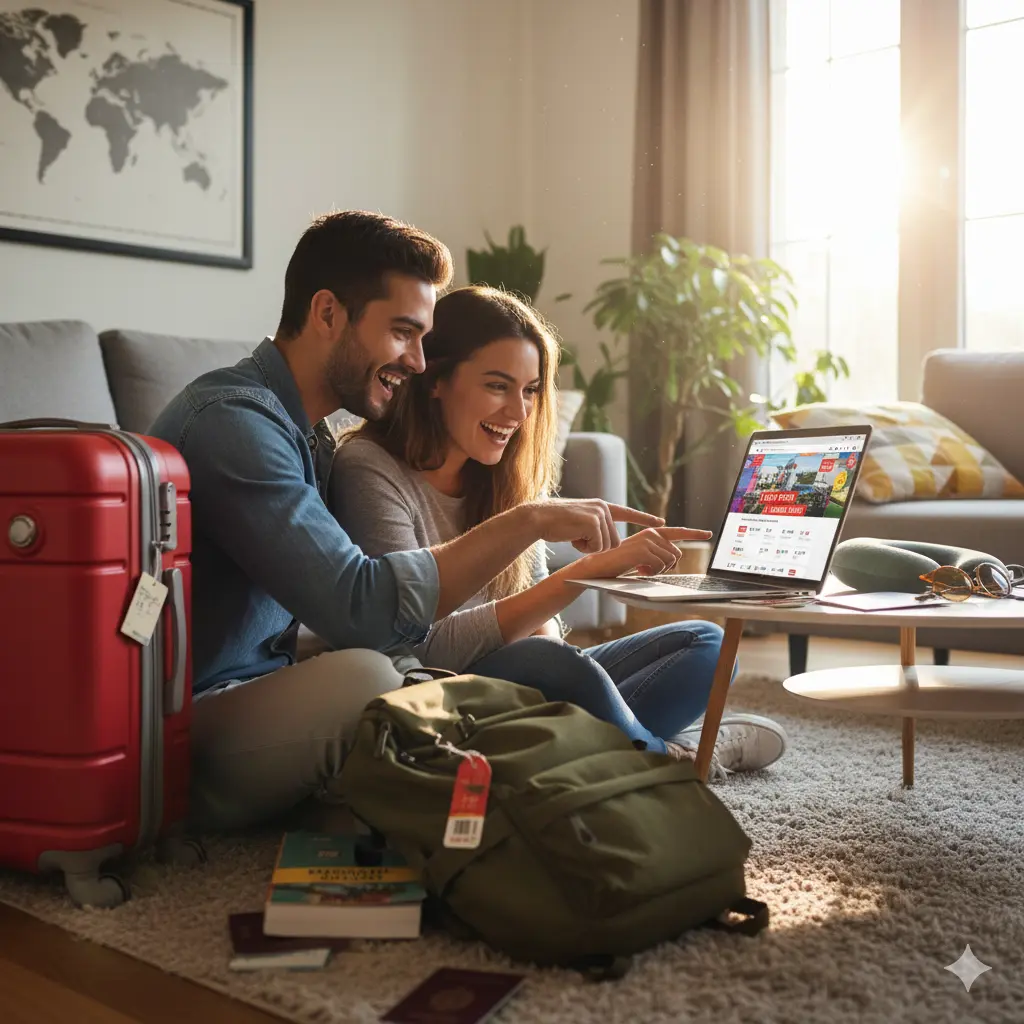 Young travelers checking last-minute flight deals on laptop at home with luggage