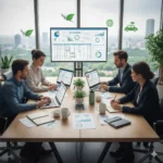 Corporate team planning eco-friendly business travel with laptops and charts