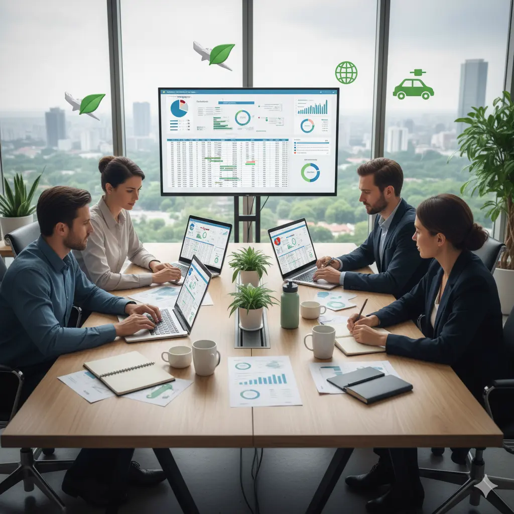 Corporate team planning eco-friendly business travel with laptops and charts