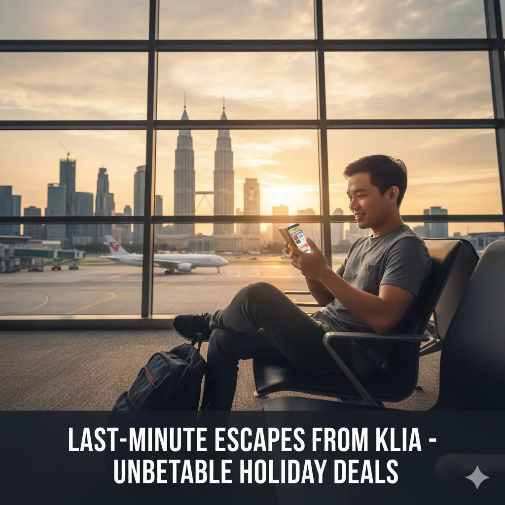 Traveler checking last-minute holiday deals from Kuala Lumpur airport