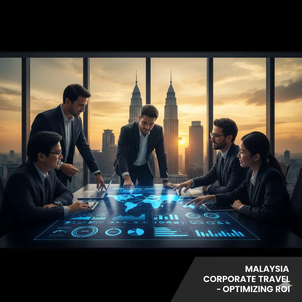 Corporate travel team analyzing ROI report at office meeting