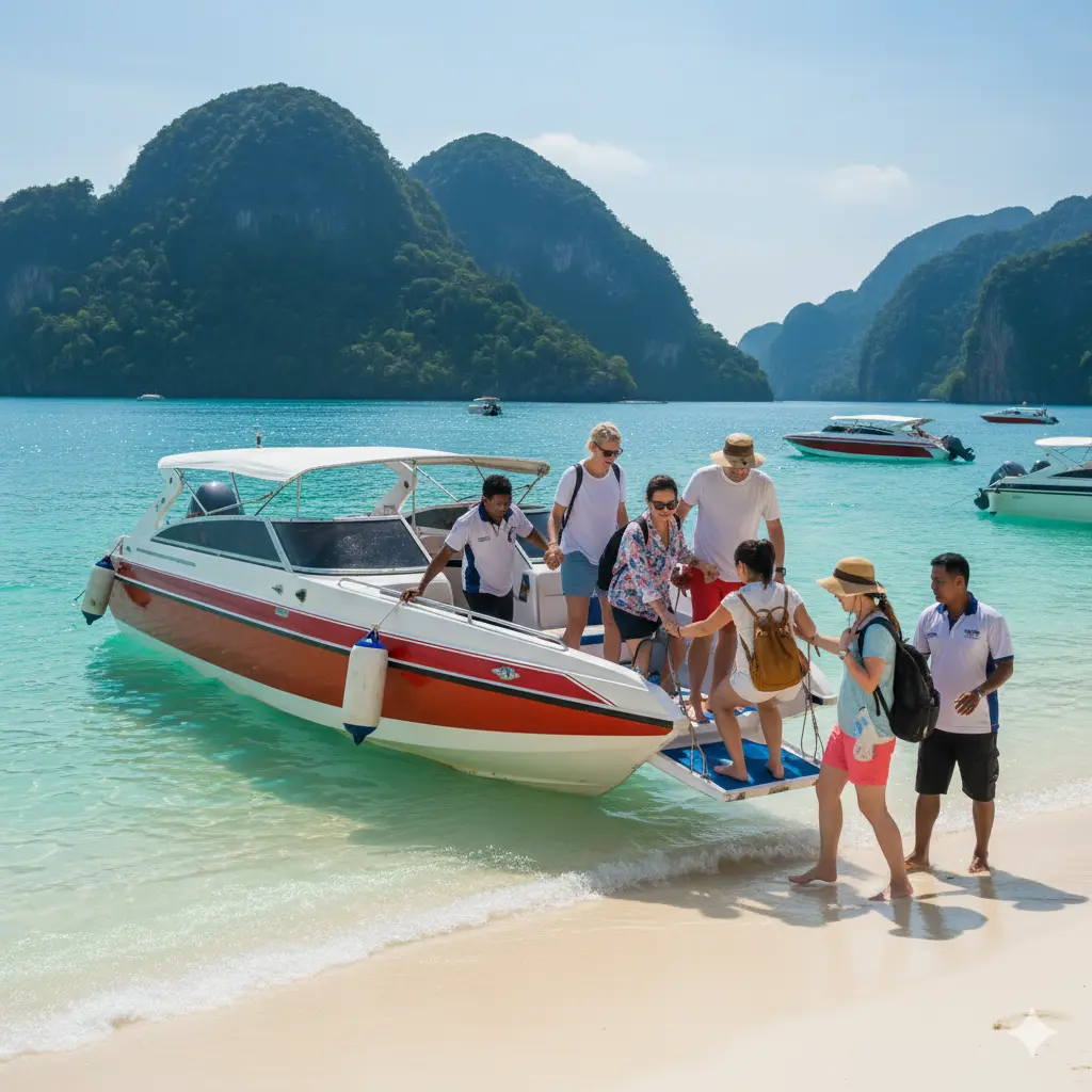 Tourists boarding a speedboat for island-hopping tour in Langkawi