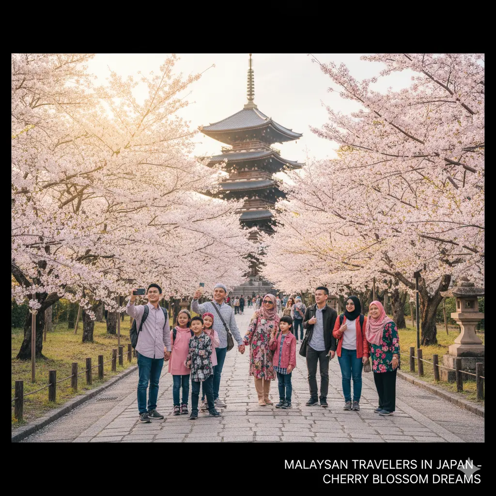 Japanese temple and cherry blossoms visited by Malaysian tourists