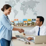 Traveler shaking hands with professional travel agent in office
