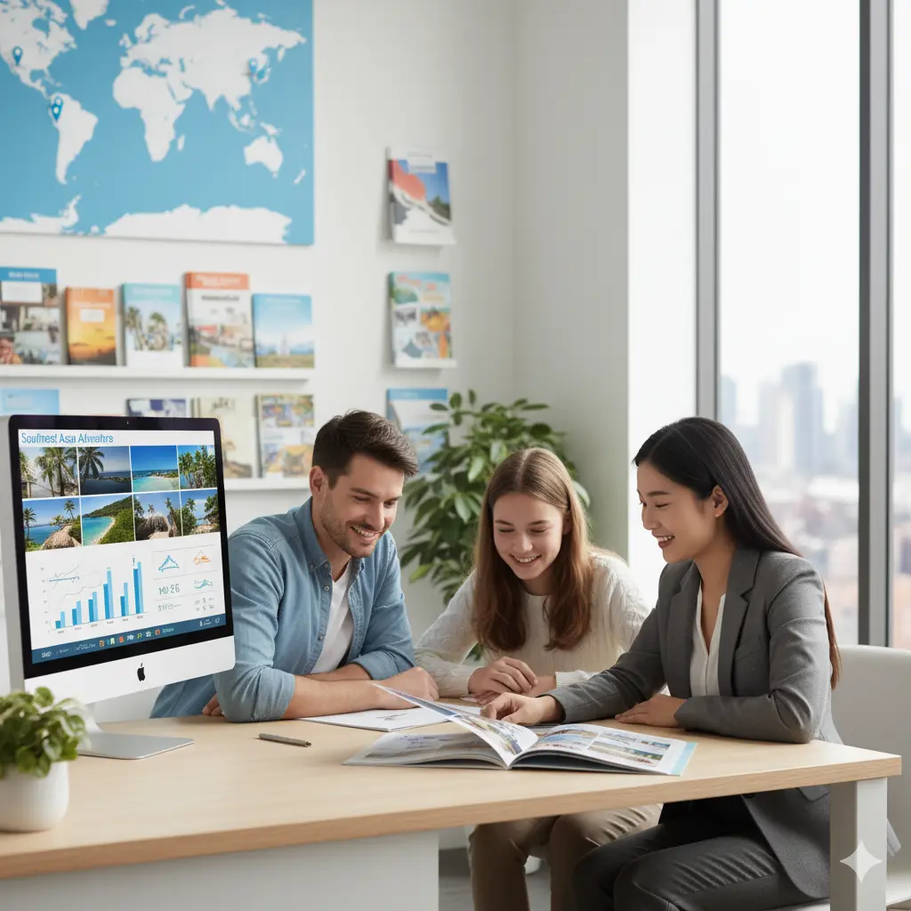 Travel agent showing tour brochure to clients in modern office with tropical destination visuals