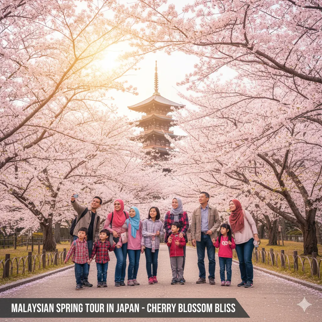 Japanese cherry blossom park with Malaysian tourists during spring tour