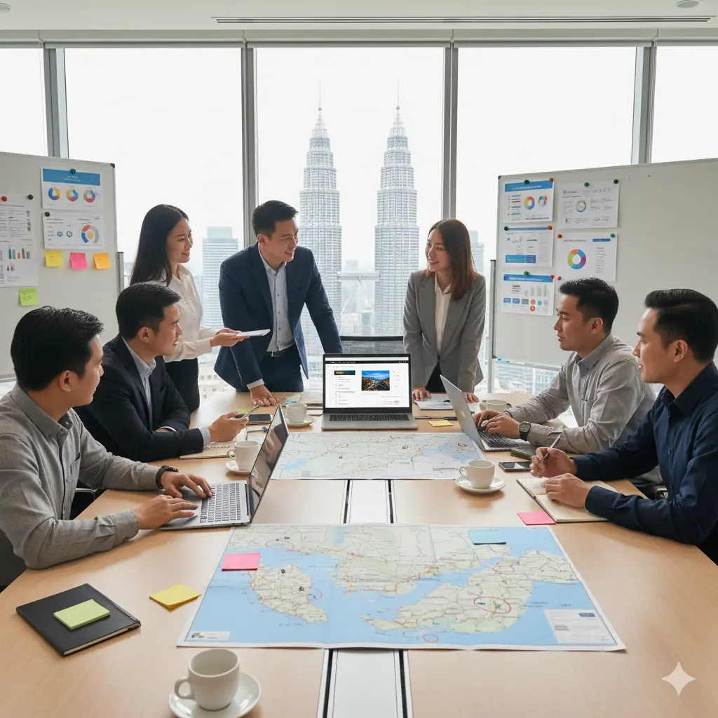 Travel agents collaborating with DMC team in Kuala Lumpur office