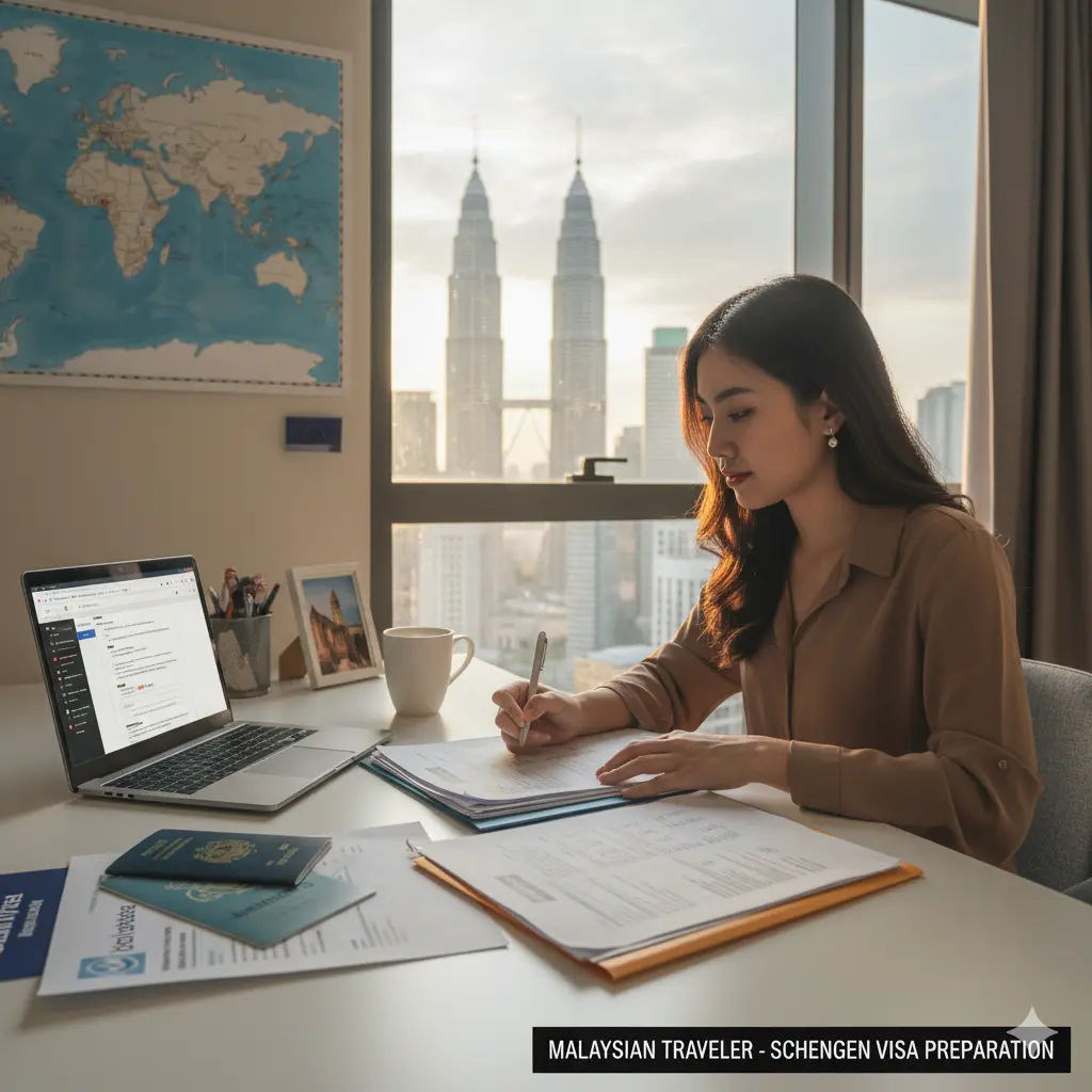 Traveler preparing Schengen visa documents in Malaysia