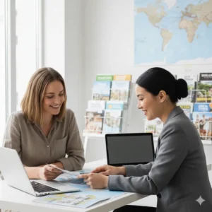 Solo female traveler receiving guidance from female travel agent in office with maps and brochures
