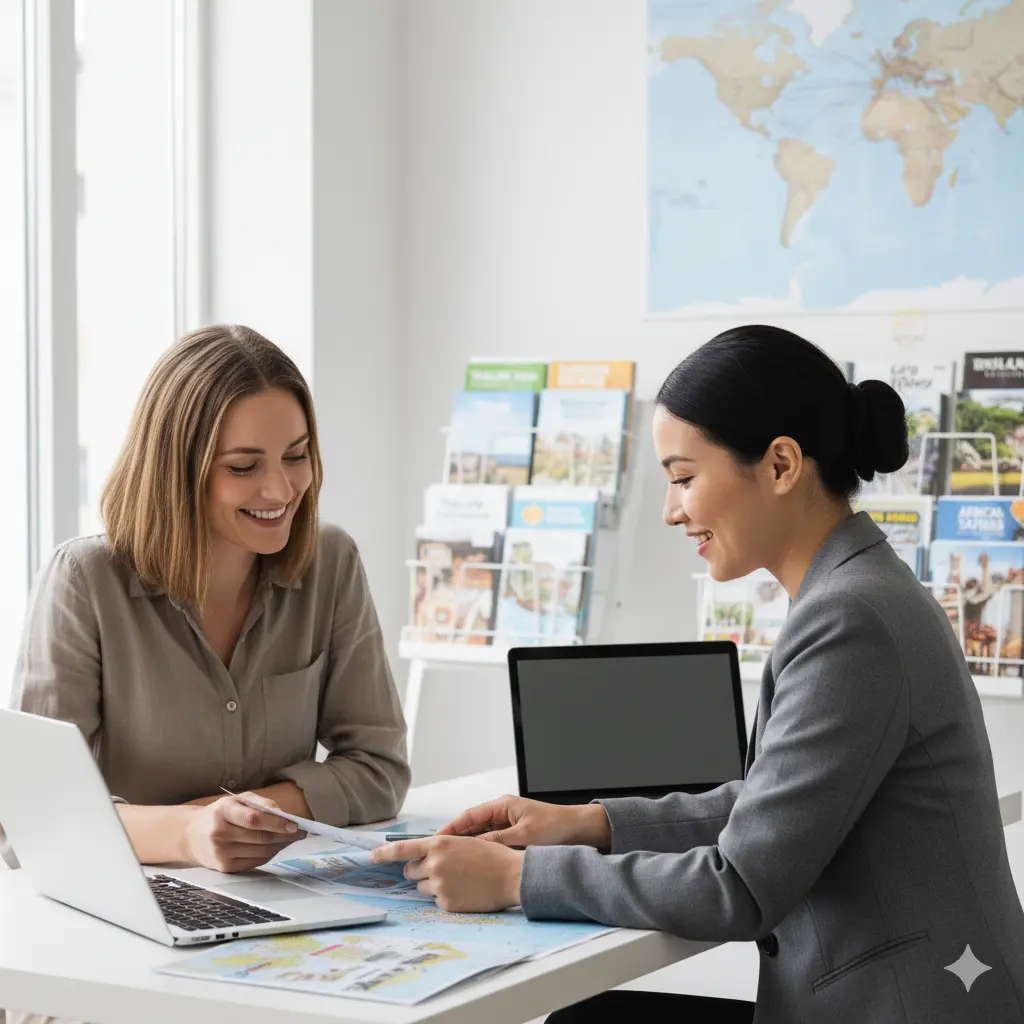 Solo female traveler receiving guidance from female travel agent in office with maps and brochures