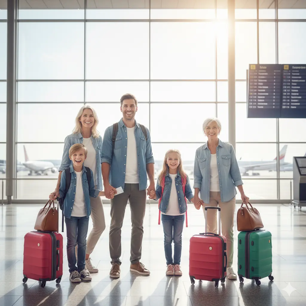 Happy family at airport with suitcases ready for vacation abroad
