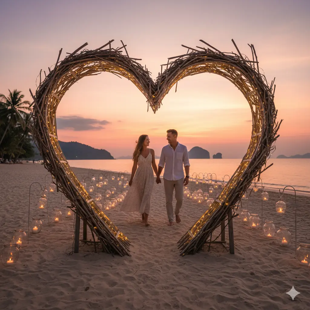 Romantic couple walking along a sunset beach in bali