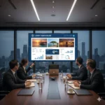 Corporate executives reviewing tour packages on a screen in meeting room with city skyline