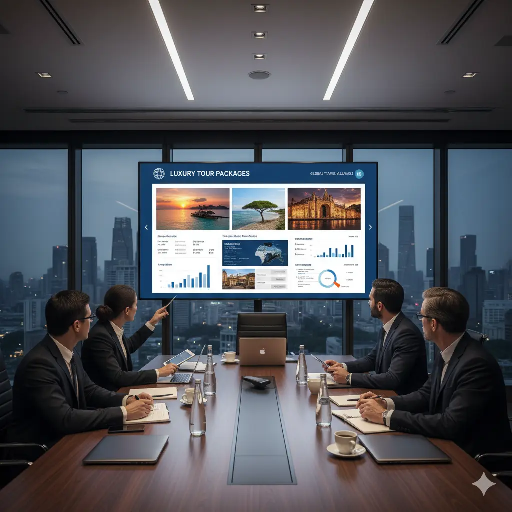 Corporate executives reviewing tour packages on a screen in meeting room with city skyline