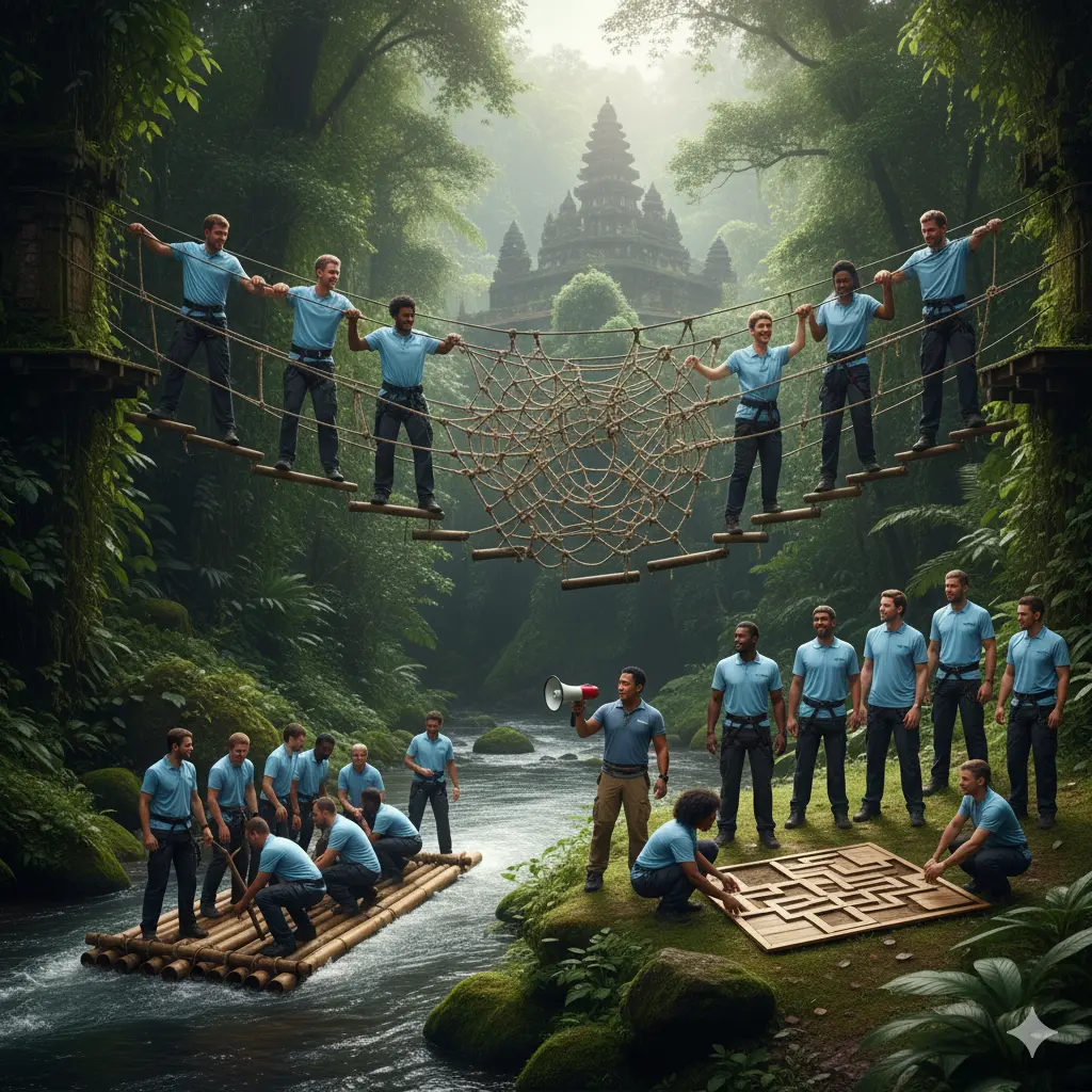 Team of professionals participating in an outdoor team-building challenge in Bali