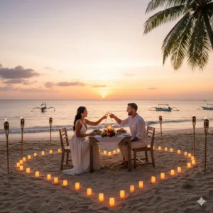 Newlywed couple enjoying a romantic dinner on a beach in Bali