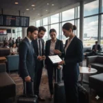 Corporate travel planner showing trip schedule to business travelers at airport