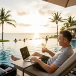 Business travelers relaxing at a resort pool after conference in Asia