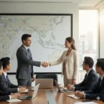 Business professionals shaking hands over a map of Southeast Asia