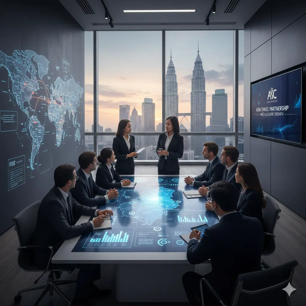 Travel agents meeting with DMC team in modern office with Malaysia map