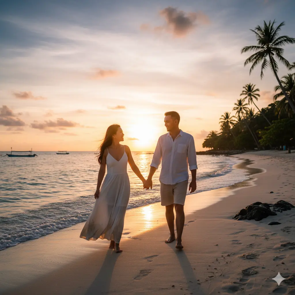 Couple on a romantic beach honeymoon at sunset