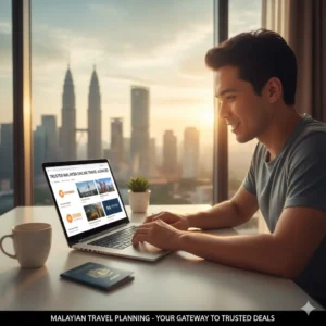 Traveler browsing trusted online travel agencies on laptop