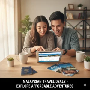Malaysian couple comparing travel packages on tablet with passports and mugs