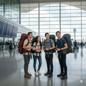 Young Malaysian couple checking flight tickets and travel plans on laptop