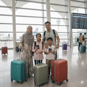 Happy Malaysian family at airport ready for vacation