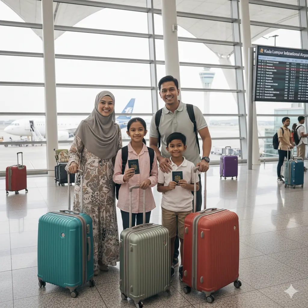 Happy Malaysian family at airport ready for vacation