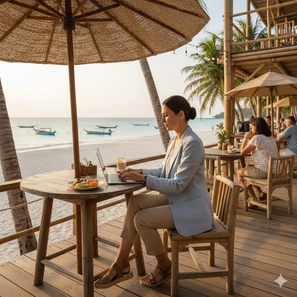 Corporate traveler working on laptop in beachfront café